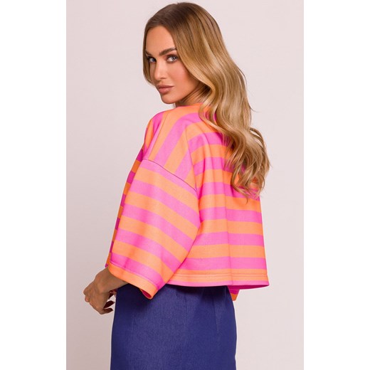Moe krótka bluza damska w paski  M844/3, Kolor różowo-pomarańczowy, Rozmiar 2XL/3XL, MOE ze sklepu Primodo w kategorii Bluzy damskie - zdjęcie 179113638