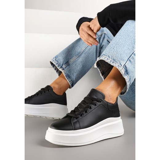 Czarne Sznurowane Sneakersy na Niskiej Platformie z Imitacji Skóry Ajanfa ze sklepu renee.pl w kategorii Buty sportowe damskie - zdjęcie 179117567