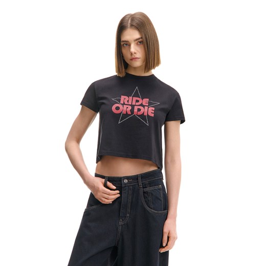 Cropp - T-shirt boxy oversize z napisem i aplikacją - czarny ze sklepu Cropp w kategorii Bluzki damskie - zdjęcie 179121818