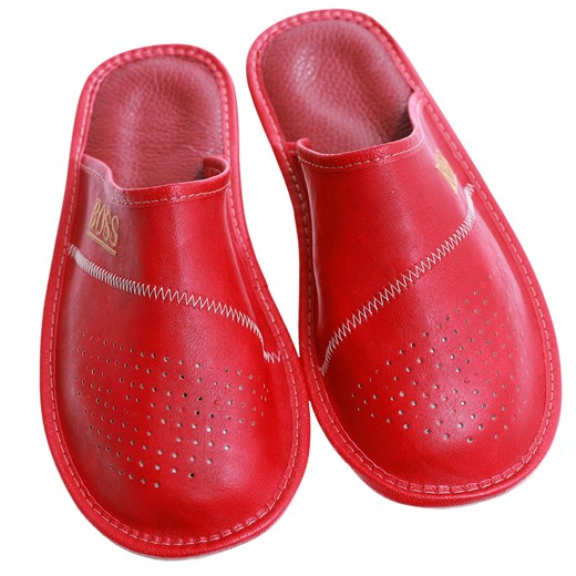 Kryte skórzane męskie klapki domowe BOSS Czerwone /F2-1 17322 S199/ ze sklepu Pantofelek24.pl w kategorii Kapcie męskie - zdjęcie 179132237