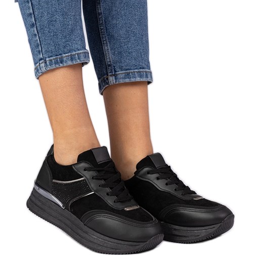 Czarne sneakersy damskie na platformie z cyrkoniami ze sklepu ButyModne.pl w kategorii Buty sportowe damskie - zdjęcie 179134247