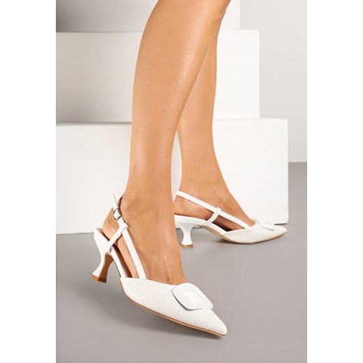 Białe Sandały Tweedowe na Kaczuszce Slingback Ozdobione Aplikacją Rosaviela ze sklepu renee.pl w kategorii Czółenka - zdjęcie 179159286