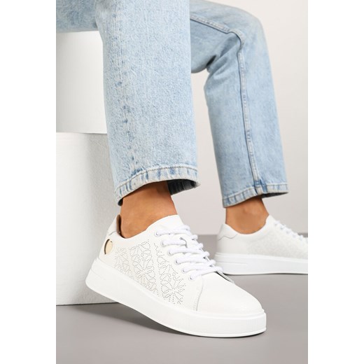Białe Sneakersy z Wkładką ze Skóry Naturalnej Ozdobione Cyrkoniami i Sercem Tiralia ze sklepu renee.pl w kategorii Buty sportowe damskie - zdjęcie 179164638