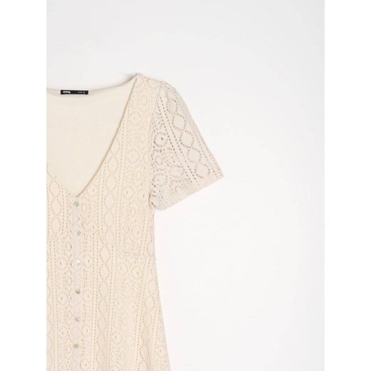 Sinsay sukienka beżowa midi z dekoltem w serek z haftem z krótkim rękawem 