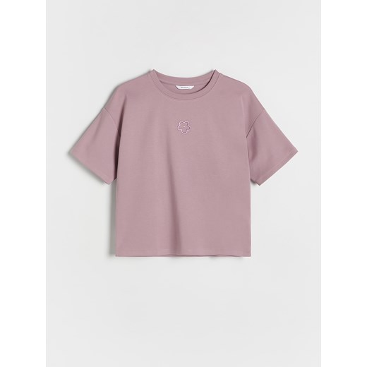 Reserved - Bawełniany T-shirt z haftem - fioletowy ze sklepu Reserved w kategorii Bluzki dziewczęce - zdjęcie 179227026