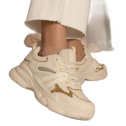 Beżowe sneakersy damskie sportowe z brokatem beżowy ze sklepu ButyModne.pl w kategorii Buty sportowe damskie - zdjęcie 179232295