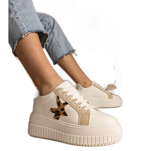 Biało-beżowe sneakersy zdobione brokatem i gwiazdką beżowy ze sklepu ButyModne.pl w kategorii Buty sportowe damskie - zdjęcie 179232305