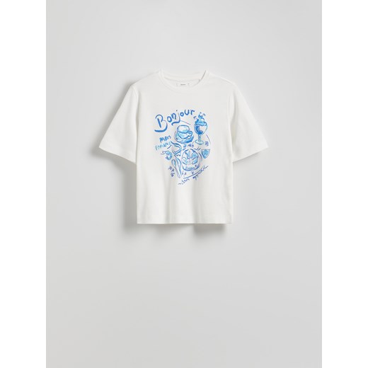 Bluzka damska biała Reserved z krótkim rękawem w stylu młodzieżowym z okrągłym dekoltem 