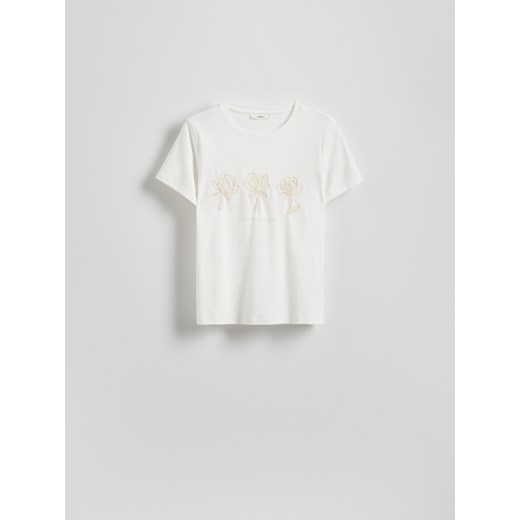 Reserved - T-shirt z haftowanym wzorem - złamana biel Reserved M Reserved