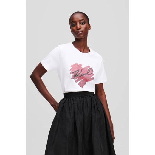 KARL LAGERFELD Biały damski t-shirt z cyrkoniami Hearts RS, Rozmiar S ze sklepu outfit.pl w kategorii Bluzki damskie - zdjęcie 179241479