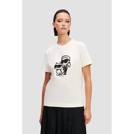 KARL LAGERFELD Beżowy damski t-shirt Ikon Sketch Duo, Rozmiar XS ze sklepu outfit.pl w kategorii Bluzki damskie - zdjęcie 179241489