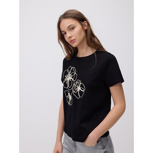 Reserved - T-shirt z haftowanym wzorem - czarny Reserved XL Reserved