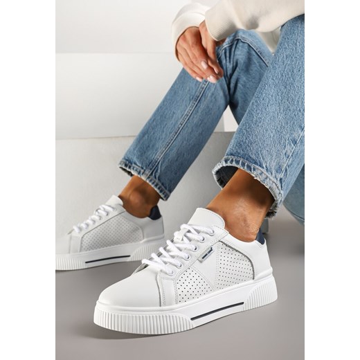 Białe Sneakersy Typu Tenisówki ze Skóry Naturalnej z Ozdobną Perforacją Vivallie ze sklepu renee.pl w kategorii Buty sportowe damskie - zdjęcie 179243208