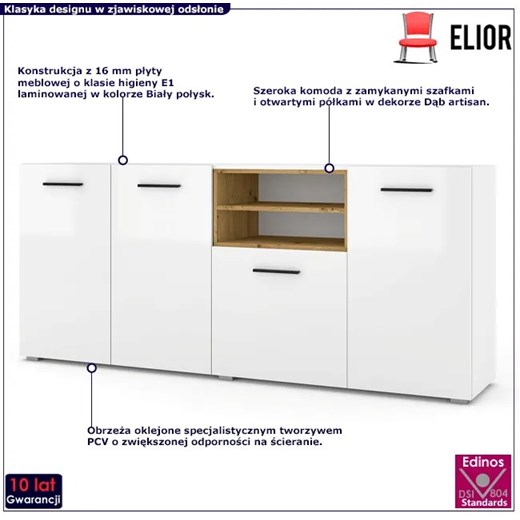 Długa komoda do salonu 200 cm biały połysk - Baden 6X Elior One Size Edinos.pl