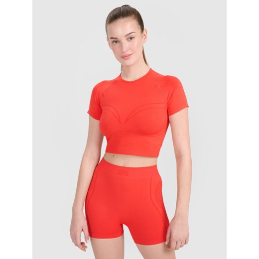 Damski crop top treningowy 4F 4FRSS25TFTSF1757 - pomarańczowy ze sklepu Sportstylestory.com w kategorii Bluzki damskie - zdjęcie 179257126