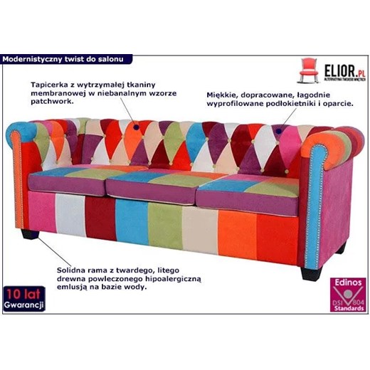 Sofa patchwork w stylu chesterfield Triss - trzyosobowa Elior One Size Edinos.pl