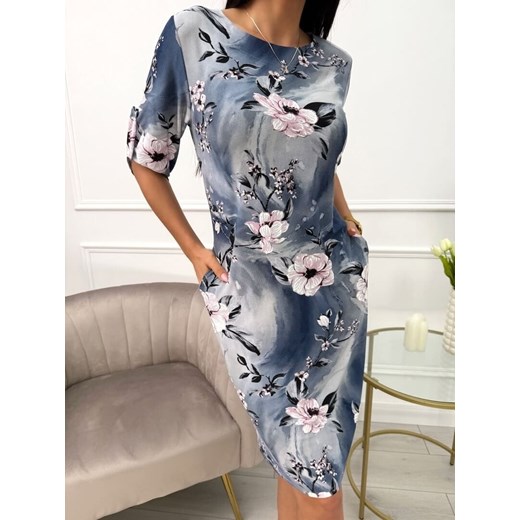 Grafitowo-Granatowa Sukienka w Kwiaty z Kieszeniami ze sklepu ModnaKiecka.pl w kategorii Sukienki - zdjęcie 179272118