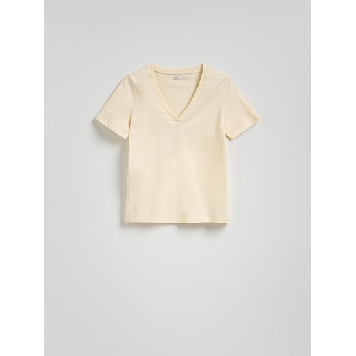 Reserved - T-shirt regular z dekotem V - jasnożółty Reserved L Reserved