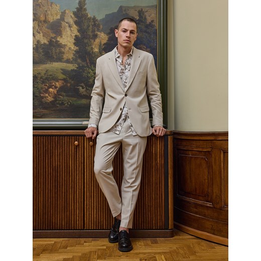 Reserved - Koszula slim fit z domieszką lnu - beżowy ze sklepu Reserved w kategorii Koszule męskie - zdjęcie 179274419