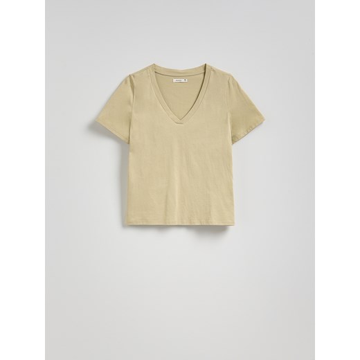 Reserved - T-shirt regular z dekotem V - oliwkowy Reserved L Reserved