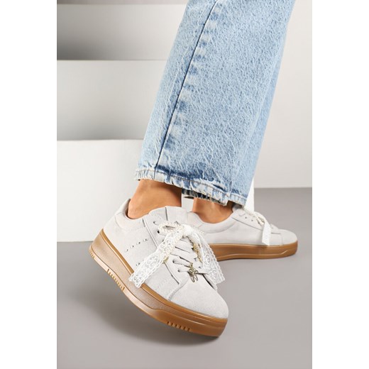 Szare Sneakersy na Niskiej Platformie z Aplikacjami i Kokardkami Divienne ze sklepu renee.pl w kategorii Buty sportowe damskie - zdjęcie 179275549