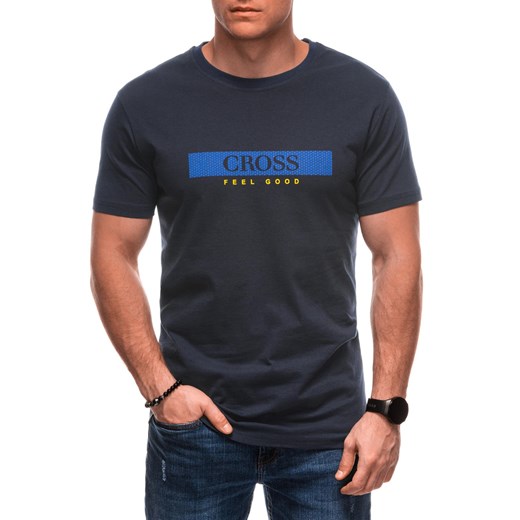 T-shirt męski z nadrukiem S2039 - granatowy ze sklepu Edoti w kategorii T-shirty męskie - zdjęcie 179280459