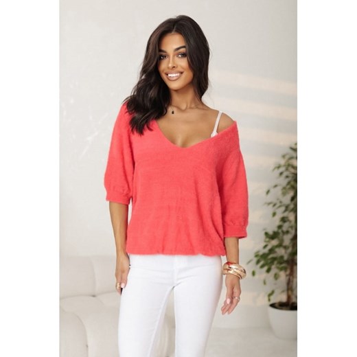 sweter damski z alpaki samanta polski producent j&k premium - malina koral ze sklepu STYLOWO w kategorii Swetry damskie - zdjęcie 179282726