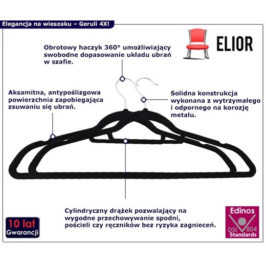 Komplet 50szt. antypoślizgowych czarnych wieszaków - Geruli 4X Elior One Size Edinos.pl