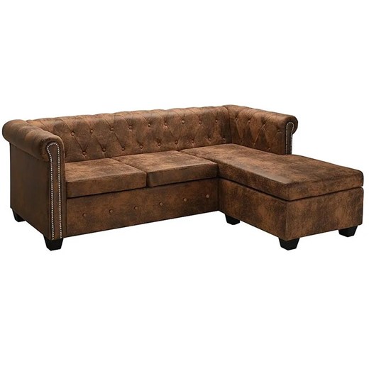 Narożnik w stylu Chesterfield z leżanką Xavier 4Q - brązowy ze sklepu Edinos.pl w kategorii Narożniki - zdjęcie 179289458