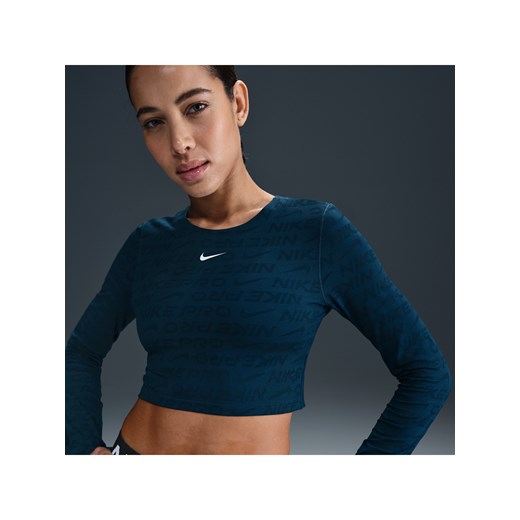 Damska żakardowa koszulka z długim rękawem o skróconym kroju Dri-FIT Nike Pro - Niebieski ze sklepu Nike poland w kategorii Bluzki damskie - zdjęcie 179308665