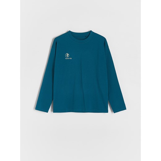 Reserved - Longsleeve z nadrukiem - ciemny turkus Reserved 134/140 (8-9 lat) okazja Reserved