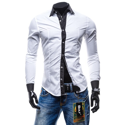 Koszula męska BOLF 5701 biała - BIAŁY denley-pl fioletowy Koszule z długim rękawem męskie