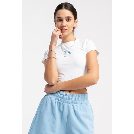 Biały crop top z minimalistycznym nadrukiem, kolor - biały, rozmiar - 140 ze sklepu REPORTER w kategorii Bluzki dziewczęce - zdjęcie 179330935