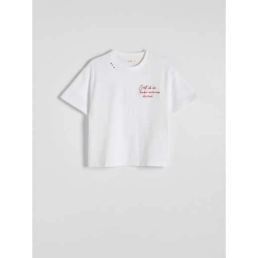 Reserved - T-shirt z haftowanym napisem - złamana biel ze sklepu Reserved w kategorii Bluzki damskie - zdjęcie 179354248