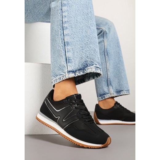 Czarne Sneakersy z Metaliczną Lamówką i Geometrycznym Wzorem Tosvella ze sklepu born2be.pl w kategorii Buty sportowe damskie - zdjęcie 179354447