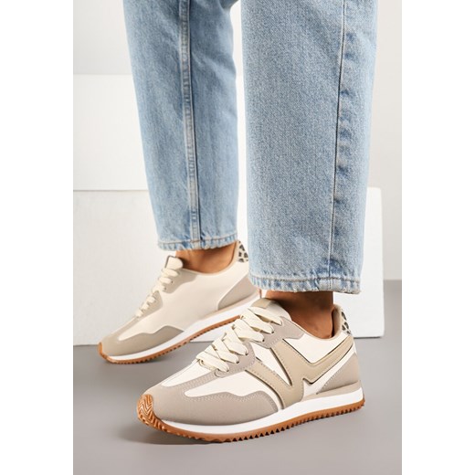 Beżowe Sneakersy z Metaliczną Lamówką i Geometrycznym Wzorem Tosvella ze sklepu born2be.pl w kategorii Buty sportowe damskie - zdjęcie 179354465