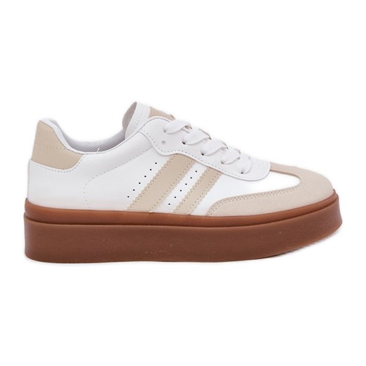 Sneakersy Damskie Na Platformie Z Eko Skóry Beżowo-Białe beżowy ze sklepu ButyModne.pl w kategorii Buty sportowe damskie - zdjęcie 179367197