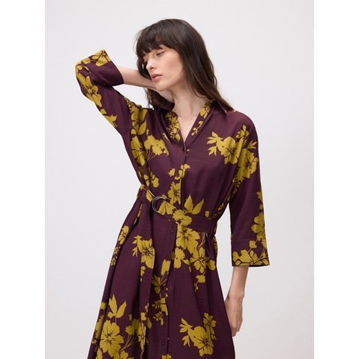 Reserved - Koszulowa sukienka midi z paskiem - wielobarwny Reserved M Reserved