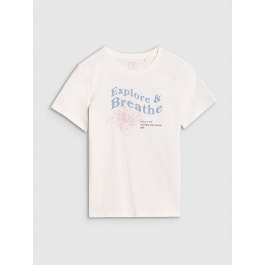 Dziewczęcy t-shirt z nadrukiem 4F 4FJWSS25TTSHF1854 - biały ze sklepu Sportstylestory.com w kategorii Bluzki dziewczęce - zdjęcie 179382079