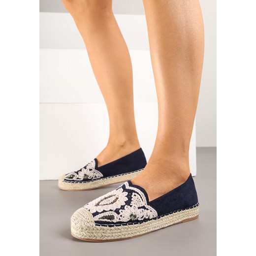Granatowe Espadryle Ozdobione Haftem i Cekinami na Podeszwie z Plecionki Merindoria ze sklepu renee.pl w kategorii Espadryle damskie - zdjęcie 179382736