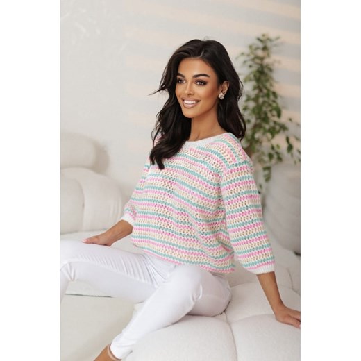 krótki sweter adelo w paseczki  polski produkt j&k premium - ecru ze sklepu STYLOWO w kategorii Swetry damskie - zdjęcie 179386565