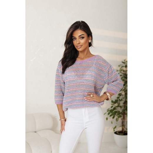 krótki sweter adelo w paseczki  polski produkt j&k premium - liliowy ze sklepu STYLOWO w kategorii Swetry damskie - zdjęcie 179386576