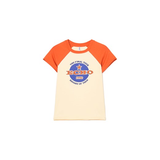 Cropp - Kremowa koszulka z kolorowymi nadrukami - jasnopomarańczowy Cropp L Cropp