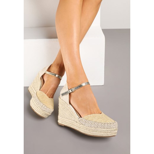 Złote Sandały na Koturnie w Typie Espadryli Ozdobione Plecionką Akiora ze sklepu renee.pl w kategorii Espadryle damskie - zdjęcie 179392918