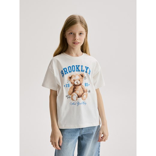 Reserved - T-shirt z nadrukiem - złamana biel ze sklepu Reserved w kategorii Bluzki dziewczęce - zdjęcie 179393626