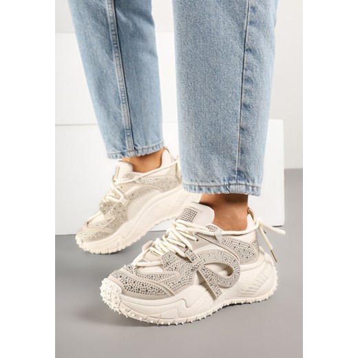 Beżowe Sneakersy Ozdobione Drobnymi Cyrkoniami Sorisa ze sklepu born2be.pl w kategorii Buty sportowe damskie - zdjęcie 179395305