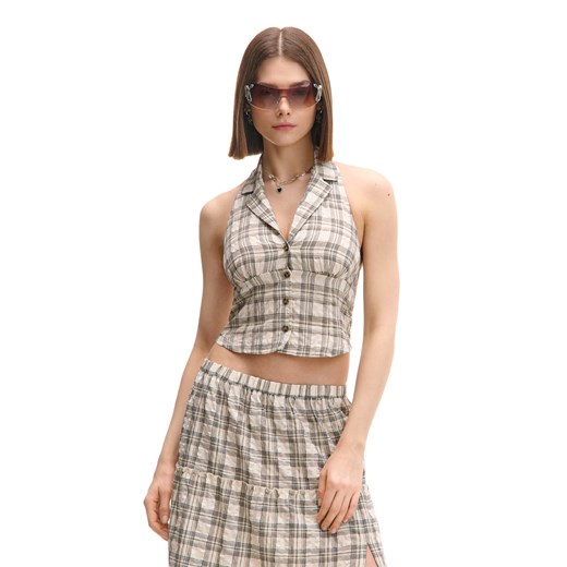Cropp - Kraciasty crop top zapinany na guziki - kremowy ze sklepu Cropp w kategorii Bluzki damskie - zdjęcie 179398147
