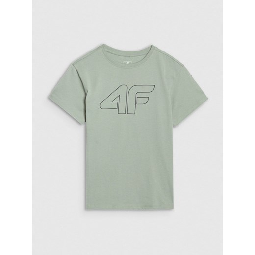 Chłopięcy t-shirt oversize z nadrukiem 4F 4FJWSS25TTSHM2325 - zielony ze sklepu Sportstylestory.com w kategorii T-shirty chłopięce - zdjęcie 179404017