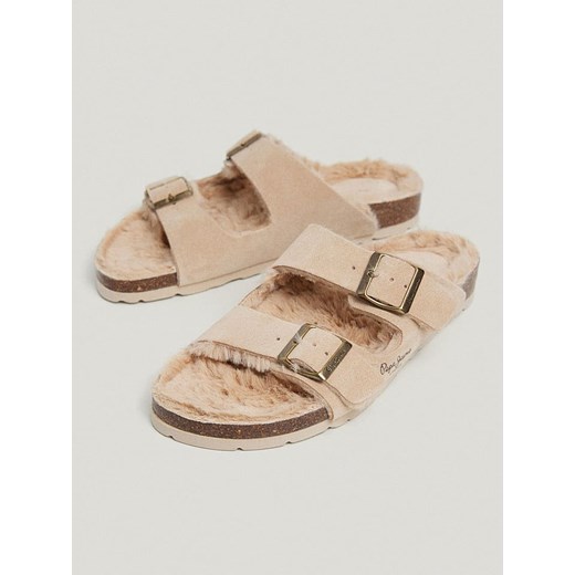 Pepe Jeans FOOTWEAR Skórzane klapki w kolorze beżowym ze sklepu Limango Polska w kategorii Klapki damskie - zdjęcie 179407277
