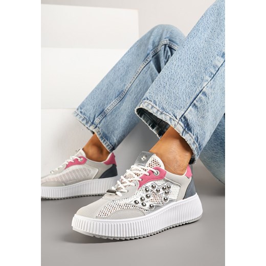Szaro-Różowe Sneakersy z Nitami i Gwiazdą Viroti ze sklepu born2be.pl w kategorii Buty sportowe damskie - zdjęcie 179426526